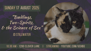 img (Calico cat) "Bædlings, Two-Spirits, & the Science of Sex" with JD Stillwater - 10:30 am - 1280 Clover Lane - youtube.com/uchbg