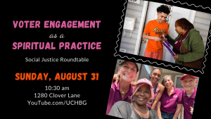 img (Voter canvassing door to door) "Voter Engagement as a Spiritual Practice" Social Justice Roundtable - 10:30 am - 1280 Clover Lane - youtube.com/uchbg