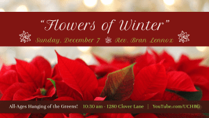 img (photo of poinsettias) "Flowers of Winter" Rev. Bran Lennox - 10:30 am - 1280 Clover Lane - youtube.com/uchbg
